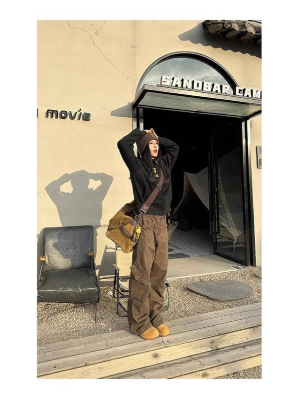 新款褶皱多口袋美式高街复古工装裤女宽松直筒裤子潮休闲阔腿裤男|undefined