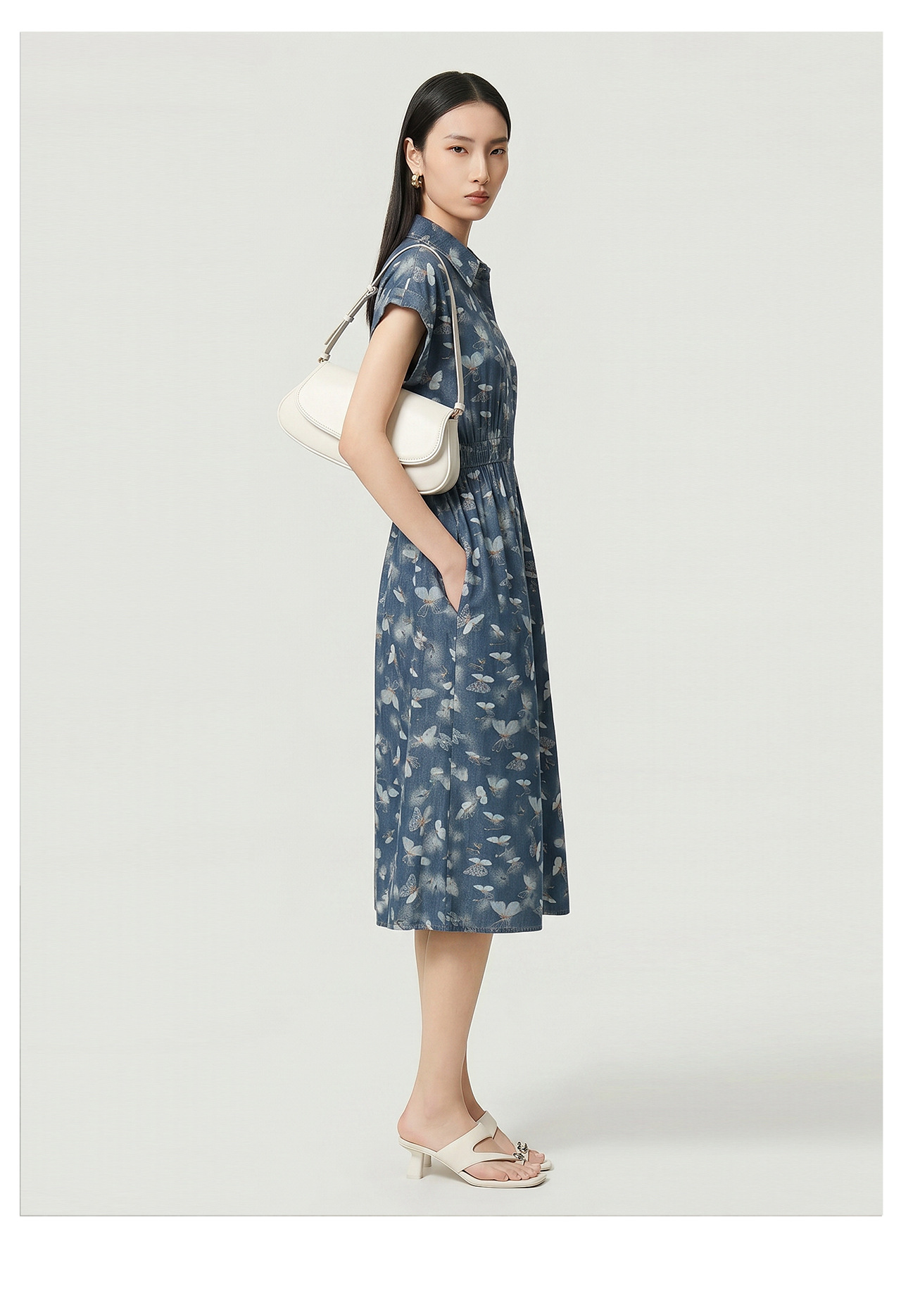 Đầm maxi nữ in họa tiết hoa bướm chất denim nhẹ thắt eo — Cao bồi xanh chi tiết 11