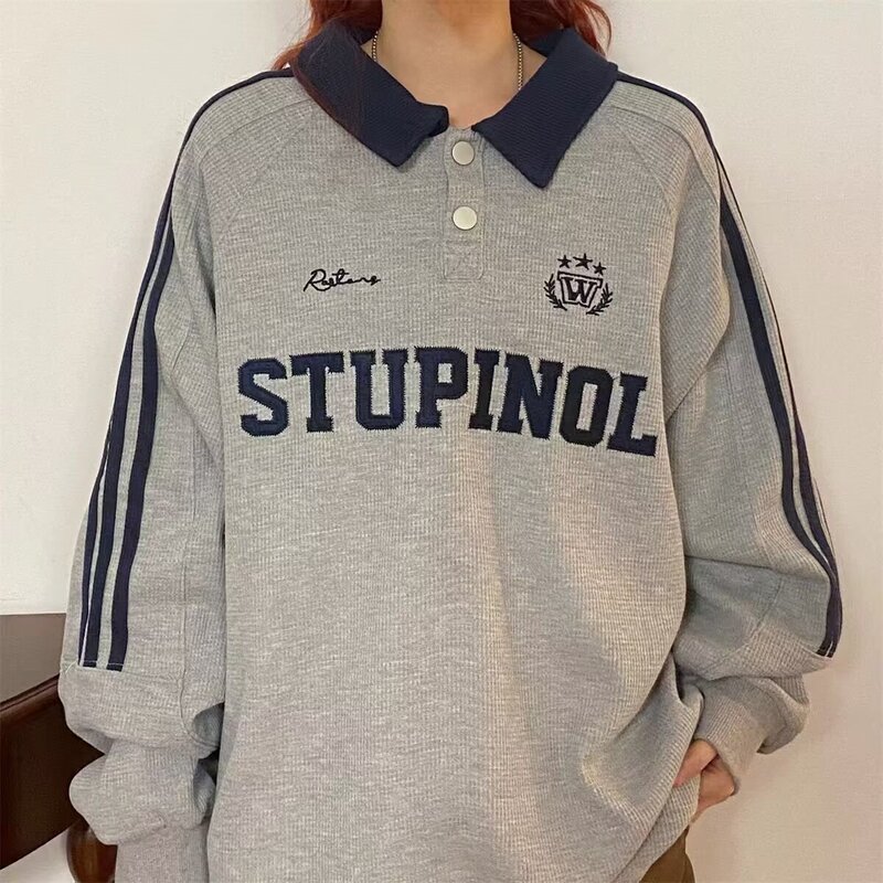 Autumn and Winter Youth Color-matching Polo Collar Academy Style Sweatshirt Women's Thin Spring and Autumn Fashionable Daily Washed Lapel Loose Autumn and Winter Youth Color-matching Polo Collar Academy Style Sweatshirt Women's Thin Spring and Autumn Fashionable Daily Washed Lapel Loose