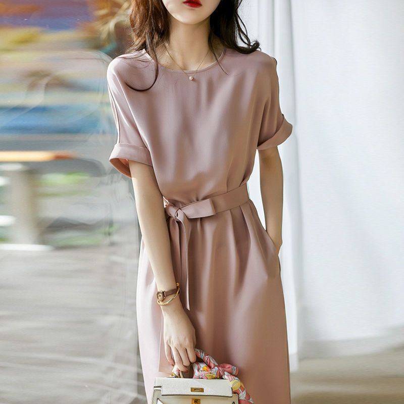 Pink Silk Mulberry Silk Tie-Waist Dress for Women, 2026 Summer New Style, Mid-Length Acetate Satin French Style