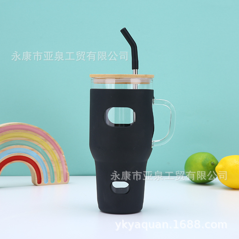 32oz vasos de vidrio transfronterizos con mango de gran capacidad portátil al aire libre cubierta de bambú cubierta de hielo con cubierta de automóvil al por mayor