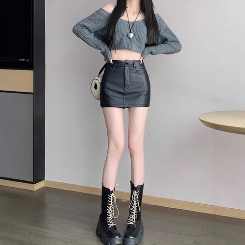 2025 Black PU Mini Skirt for Women, Spring and Autumn Season, High-Waisted, Slimming, Hot and Sexy, Bustier Short Skirt