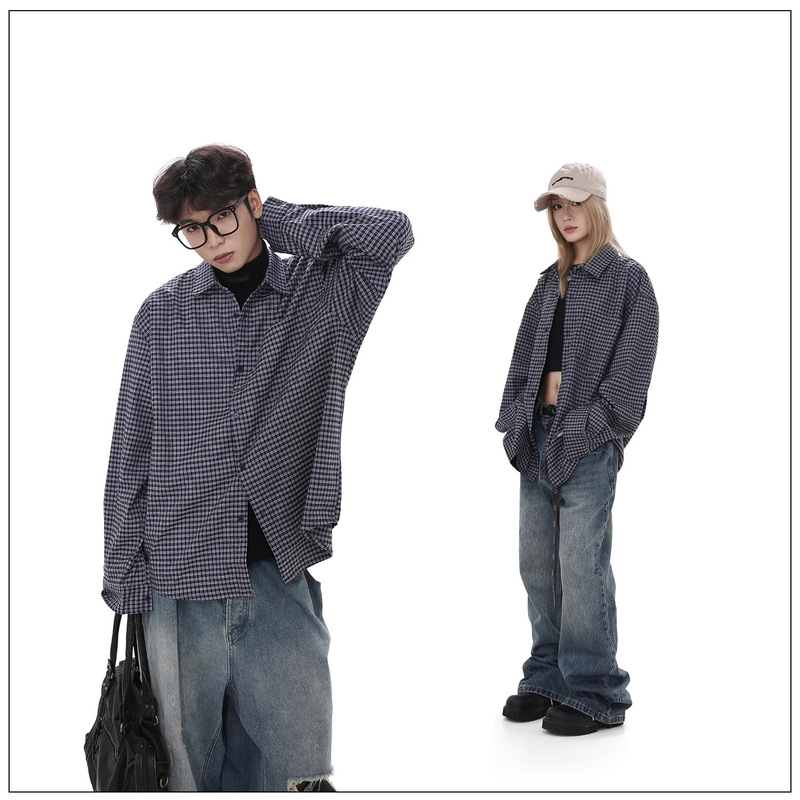 American Style Retro Plaid Long-sleeved Shirt Men's and Women's Casual Trendy Loose cleanfit High-end All-match Shirt American Style Retro Plaid Long-sleeved Shirt Men's and Women's Casual Trendy Loose cleanfit High-end All-match Shirt