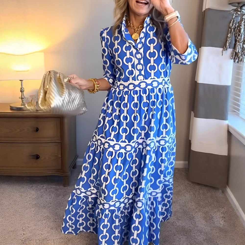 2026 European and American Temu Cross-Border Wish Foreign Trade Spring and Summer Geometric Print V-Neck Casual Slim-Fit Long Dress