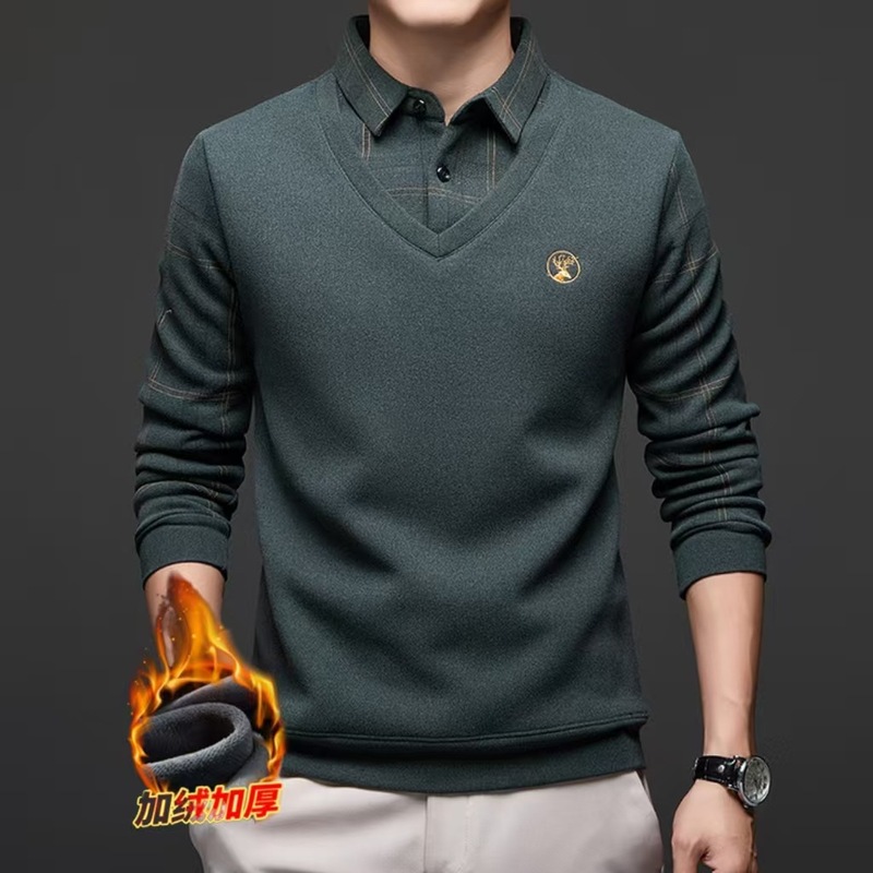 含羊毛桑蚕丝男士假两件秋冬格子新款加绒加厚长袖Polo衫男t恤|undefined