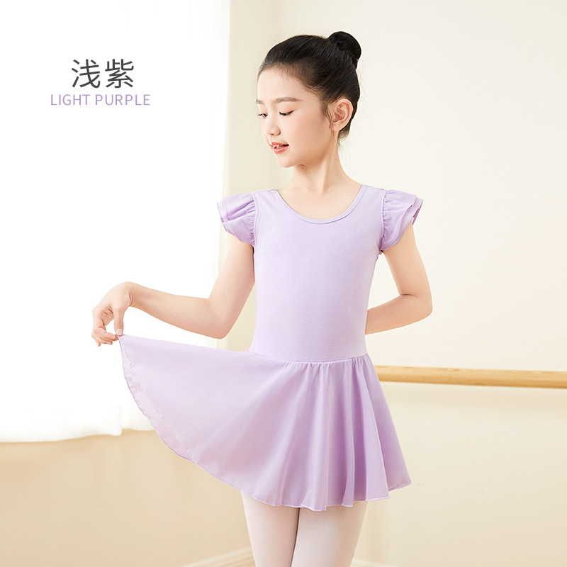 Ropa de baile para niños Ropa de entrenamiento de ballet de manga voladora pequeña de algodón para niñas de verano Falda de gasa de calidad de manga corta coreana Falda de baile