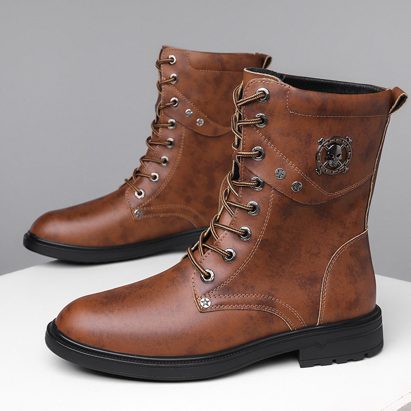 Giày bốt Martin nam cổ cao dây buộc mũi rộng phong cách denim, đế cao su chống trượt thoáng khí nhẹ nhàng — Màu nâu lót bông, Màu nâu lót da, Màu đen lót bông, Màu đen lót da