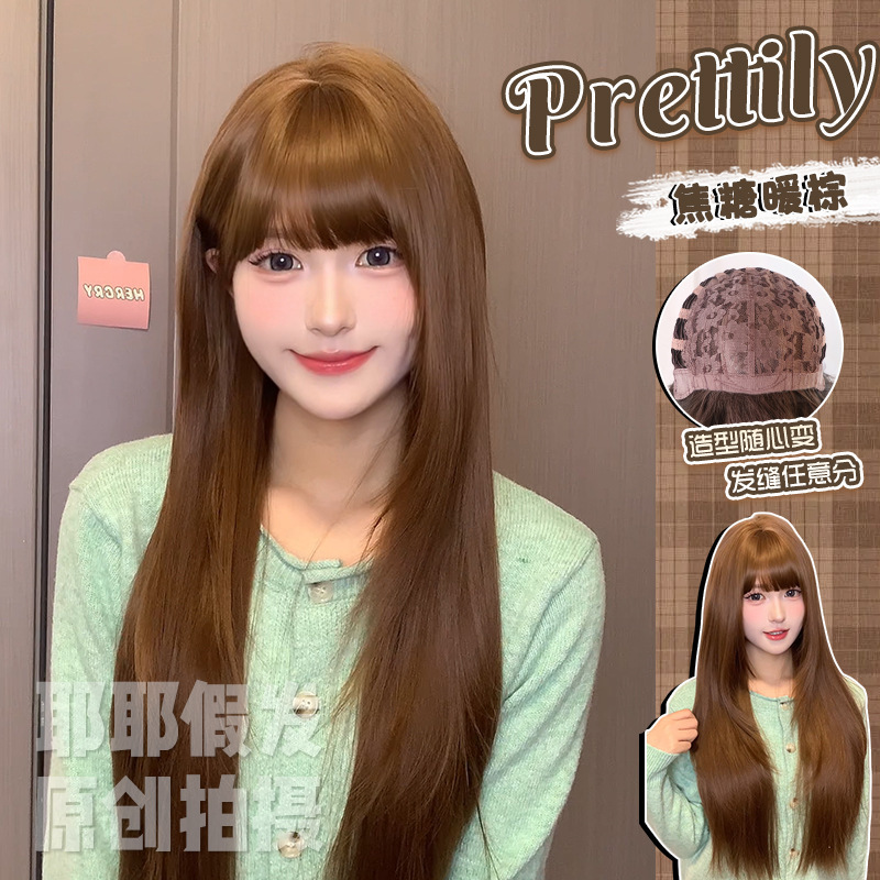 Yeye Wig Winter New Model for Women, Natural Realistic Bangs, Orange-Brown Long Straight Hair, Natural Full Wig for Round Faces