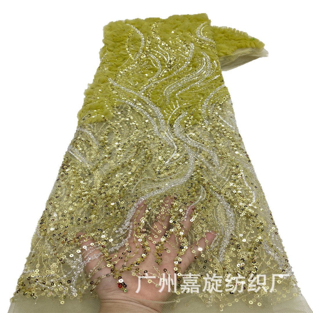 Spot Europa y Estados Unidos cuentas bicolores de diseño de posicionamiento completo más malla tridimensional encaje floral vestido de boda rendimiento vestido de tela
