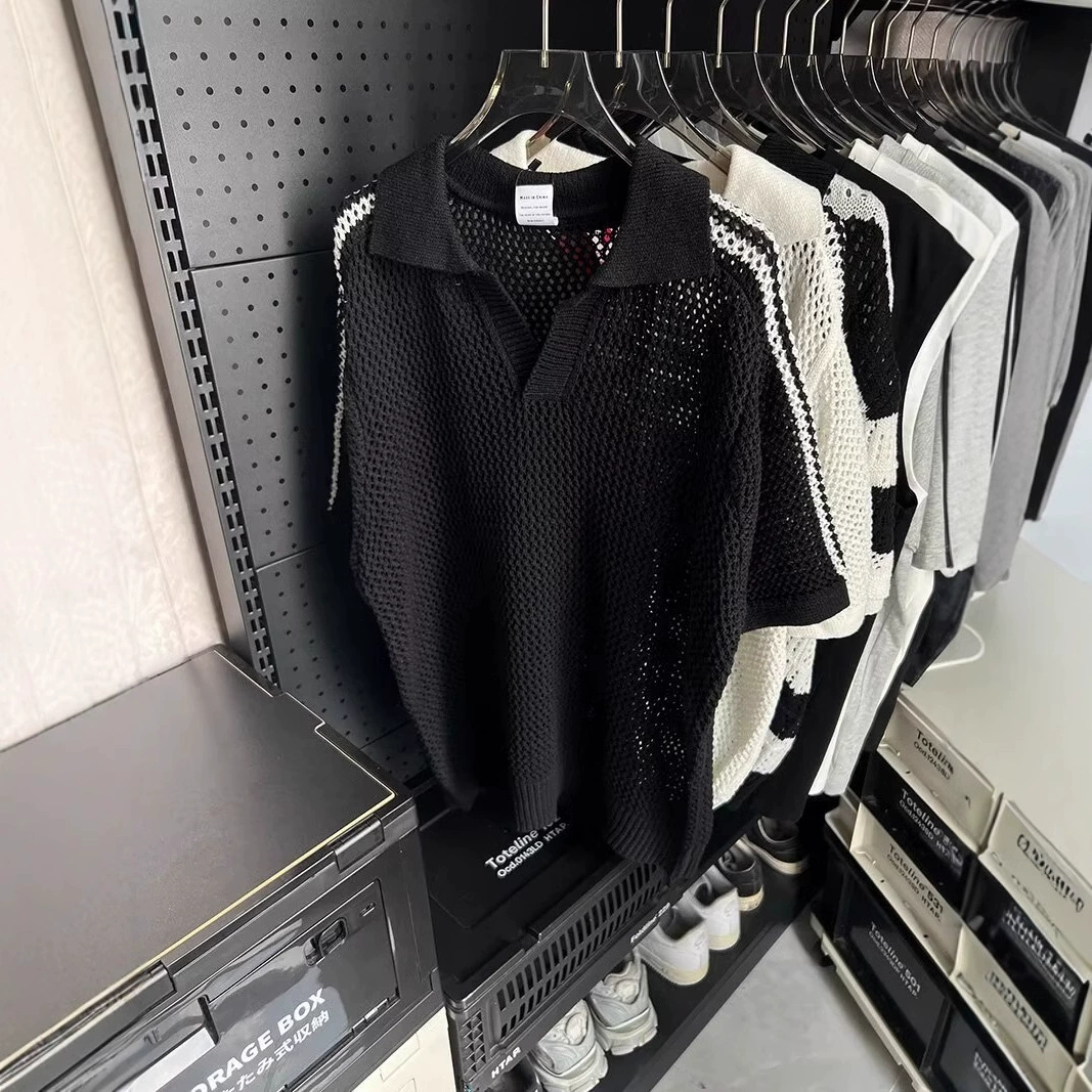 Летний дышащий топ с v-образным вырезом для мужчин, американский ретро, ​​свободный повседневный дизайн, трикотаж с лацканами, модный с короткими рукавами