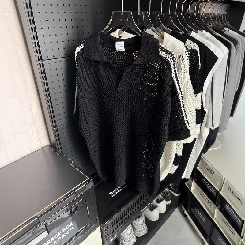 Summer Hollow Breathable V-Neck Top Men's American Style Retro Loose Casual Design Sense Lag Sweater Short-Sleeved Trendy