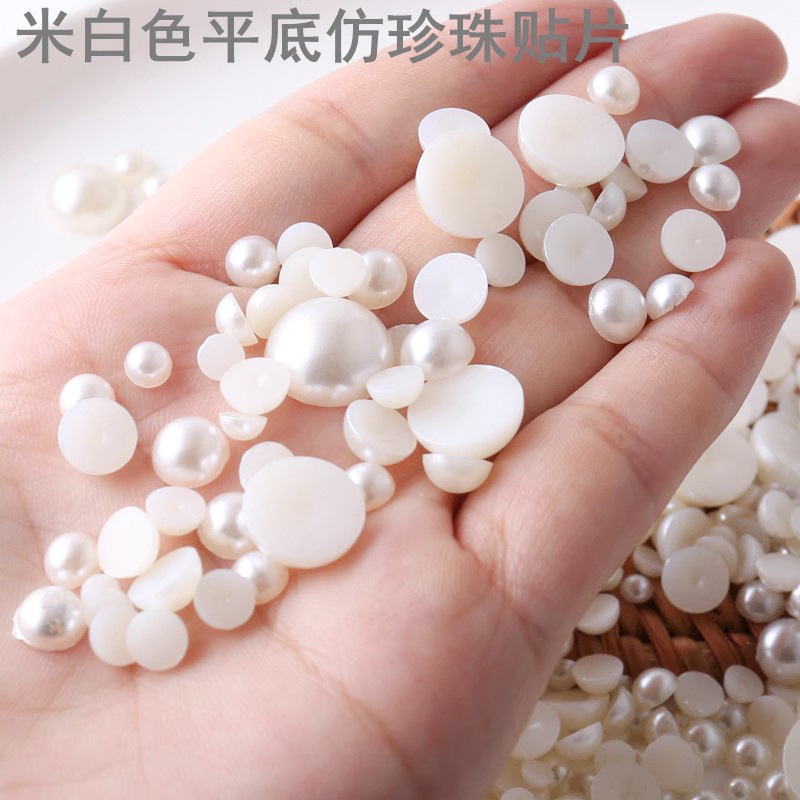 Perlas de imitación de medio lado, cuentas redondas de fondo plano semicirculares, parche de cuentas de medio lado blanco beige, cuentas de accesorios para el cabello con lazo hechas a mano
