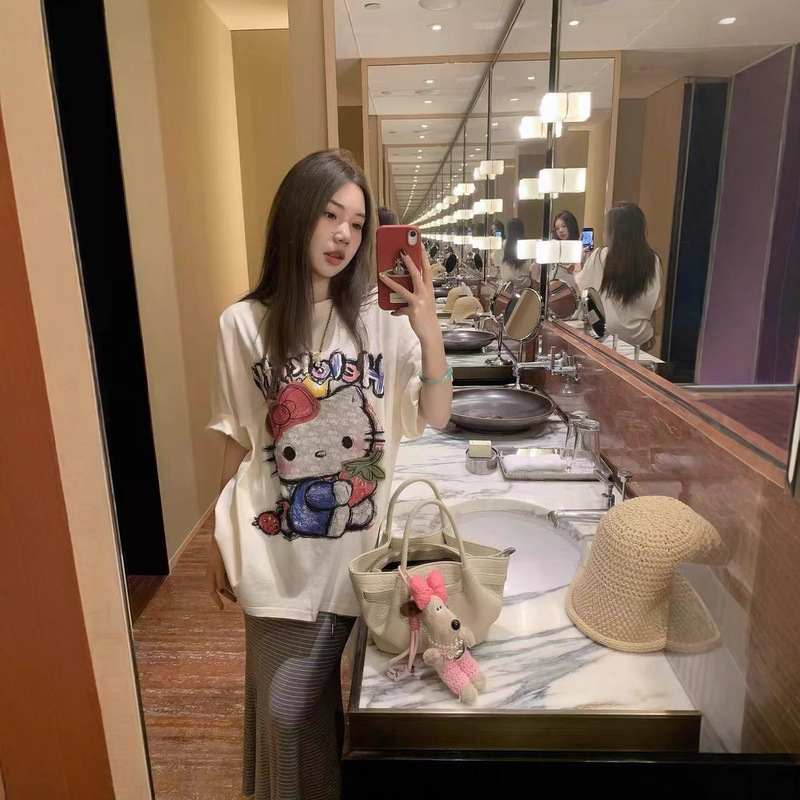 Pure Cotton Short-Sleeved T-Shirt Cartoon Print Girl Student Style Summer Casual Trendy Brand Cute Mid-Length Top Ins Style