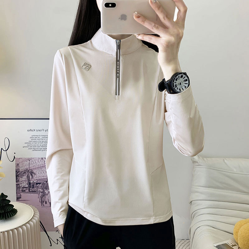 25C102 New Women Half Zip Outdoor Sports Long Sleeve T-shirt Base Shirt Casual Loose Quick-drying T-shirt Running