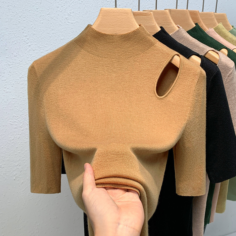 Half Turtleneck Knitwear for Women 2025 New European Women's Sexy Cut Out Pullover Knitwear Elegant Three-Quarter Sleeve Top