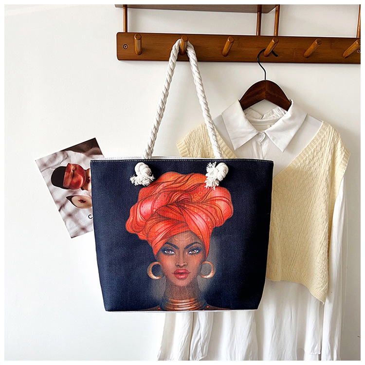 New cross-border tote bag, versatile women's portable shopping bag, creative women's printed aesthetic thick rope beach bag undefined