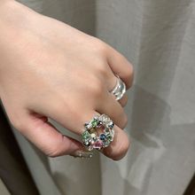 小众星球微镶戒指甜酷彩钻透明锡纸纹潮酷食指指环个性设计珍珠花