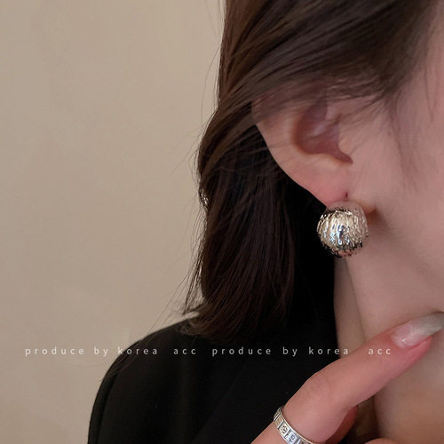 925 Silver Geometric C-Shaped Folded Bead Curved Earrings, Ins Style Cold Metal Stud Earrings, Personality Korean Earrings