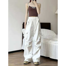 白色工装裤女款女裤子夏季薄款美式窄版阔腿裤高腰显瘦伞兵运动裤