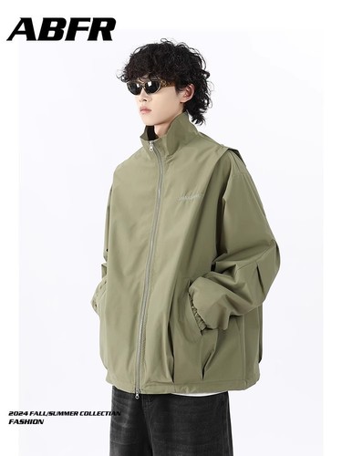 American functional style cream-colored cut men's autumn high-end pilot pleated work jacket combat coat