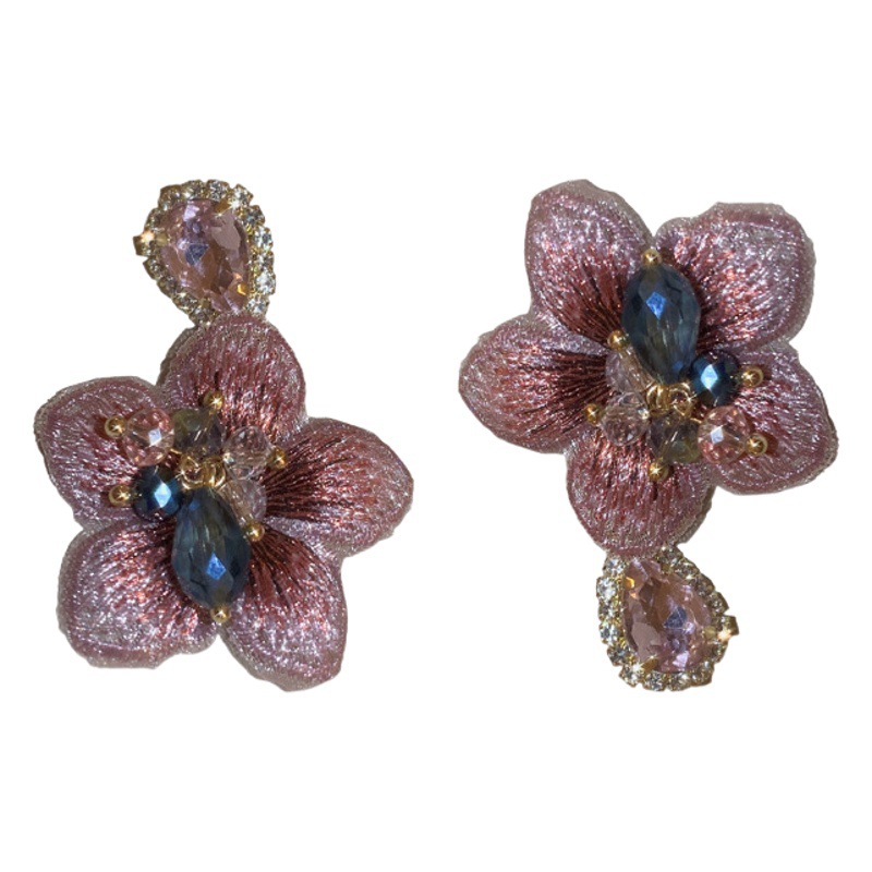 Aguja de plata asimétrica diamante incrustado gota de agua cristal flor exagerada pendientes Luz de lujo de alto grado pendientes
