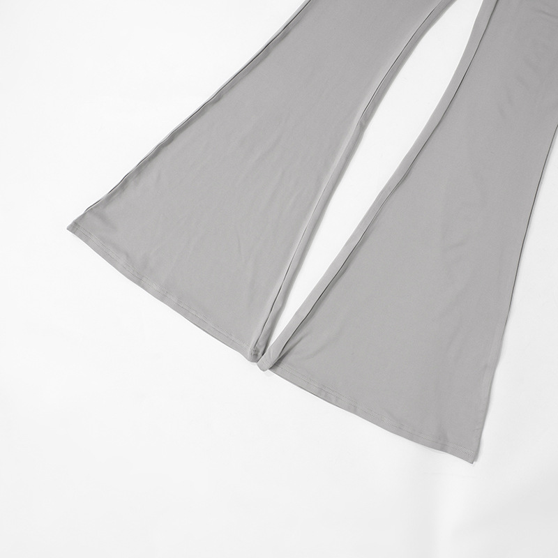 Women Clothing Summer Solid Color Padded Shoulder Long Sleeve Top High Waist Trousers Set