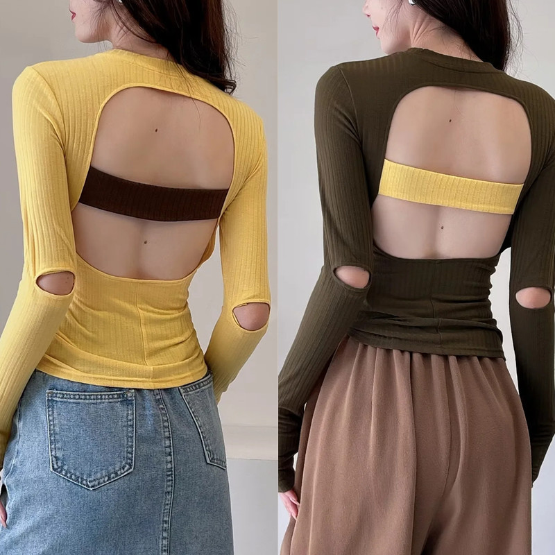 2022 autumn new hot girl sexy big backless round neck bottoming shirt Women's solid color slim fit elbow long sleeve T-shirt wholesale