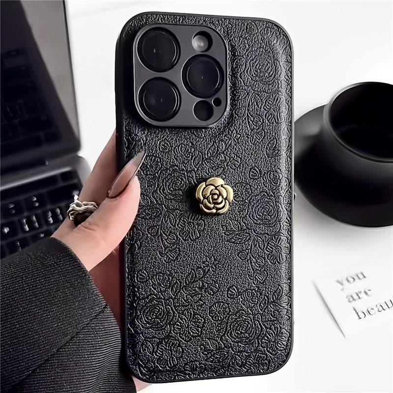 Camelia tridimensional-negro relieve pequeño floral ty