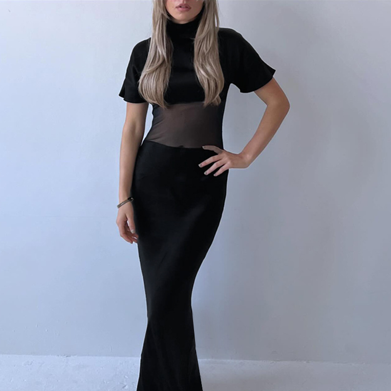 Autumn Socialite Elegant Sexy Mesh Slim Fit Stitching Small Turtleneck Dress Women