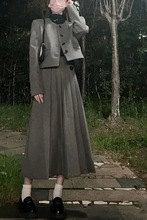 美式复古灰色学院风毛呢西装百褶裙套装女秋冬季小香风长裙两件套