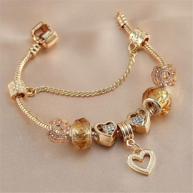 Elegant Adjustable Charm Bracelet for Women, Handmade Beads, Heart Pendant Bracelet