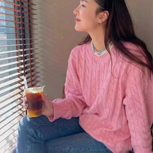 拉夫刺绣小马标麻花针织女毛衣纯色羊毛衫宽松慵懒风羊毛