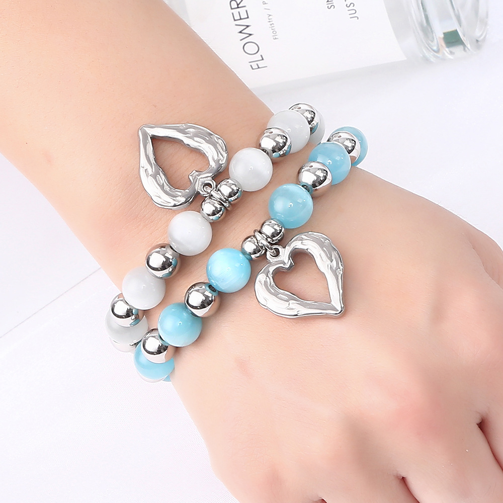 43g Weight Bracelets Classification 304 Stainless Steel Chain Material 1 Piece Quantity Holiday, Daily Occasion 304 Stainless Steel, Cat's Eye Stone Material Heart Shape Pattern Women's Gender Beaded Design Sweet Style Sweet Heart Shape 304 Stainless Steel Cat's Eye Stone Bracelets In Bulk 2