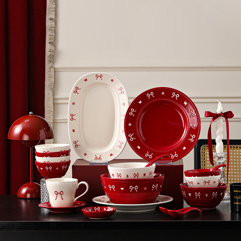 High-Appearance-Value Housewarming Tableware Set with Bowknot Design, Underglaze Colored Red Bowls and Plates, Ceramic Bowls, Household Plates, Dinner Plates