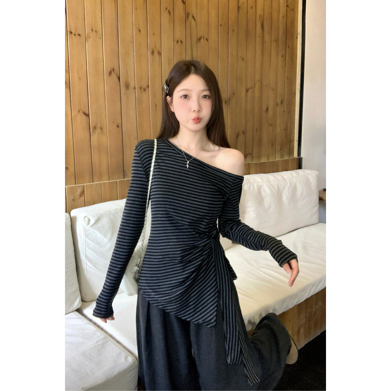 Discount European Plus-Size Autumn New Design Off-Shoulder Irregular Strap Long-Sleeve T-Shirt for Chubby Girls