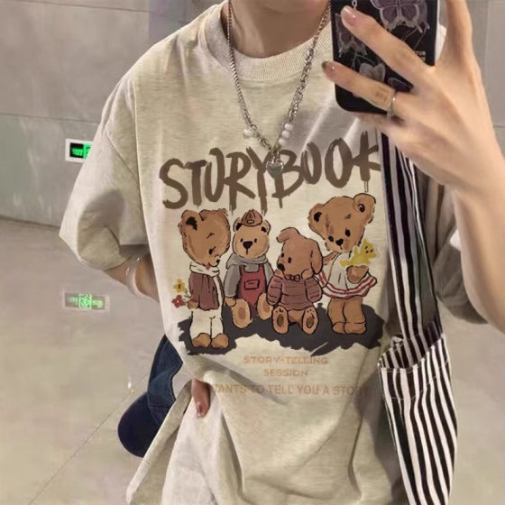 Hong Kong Style Retro Short-sleeved T-shirt Women's Summer plus size Pure Cotton College Style Age-reducing Ins American Niche Korean Style Top Trendy