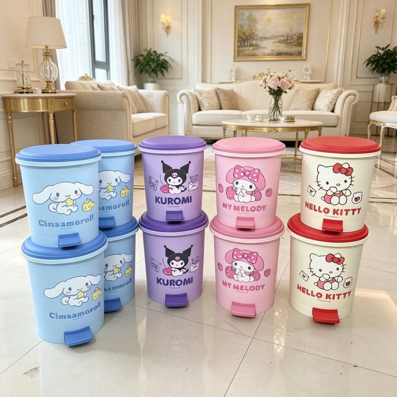 Sanrio Cute Foot-Operated Trash Can for Home Use in Living Room and Bedroom, High Aesthetic Value, with Lid, Odor-Proof, Cartoon Design, Sanitary Bin Sanrio Cute Foot-Operated Trash Can for Home Use in Living Room and Bedroom, High Aesthetic Value, with Lid, Odor-Proof, Cartoon Design, Sanitary Bin