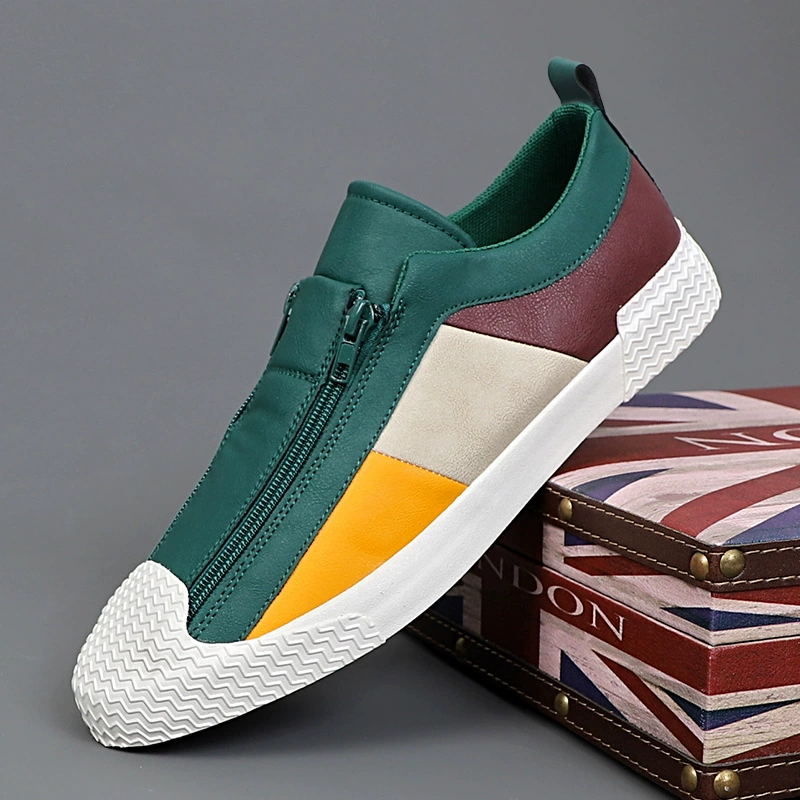 Мужские повседневные кожаные туфли 2025 года, низкие универсальные кроссовки на молнии, модные с цветовыми блоками, трансграничные бестселлеры, кожаные туфли больших размеров