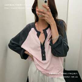 【克休闲】 后包领+纽扣【原版做工】 撞色拼接长袖恤女 实价