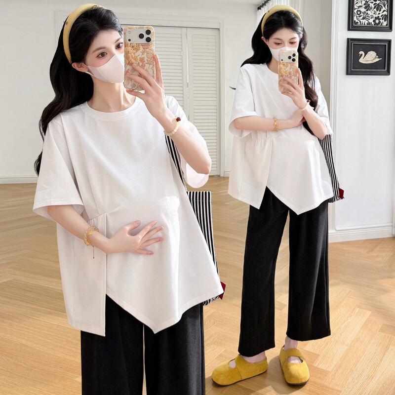 2026 Summer New Product, High-Quality, Simple, Irregular Pleated Design with Slits, Versatile Outerwear Maternity T-Shirt