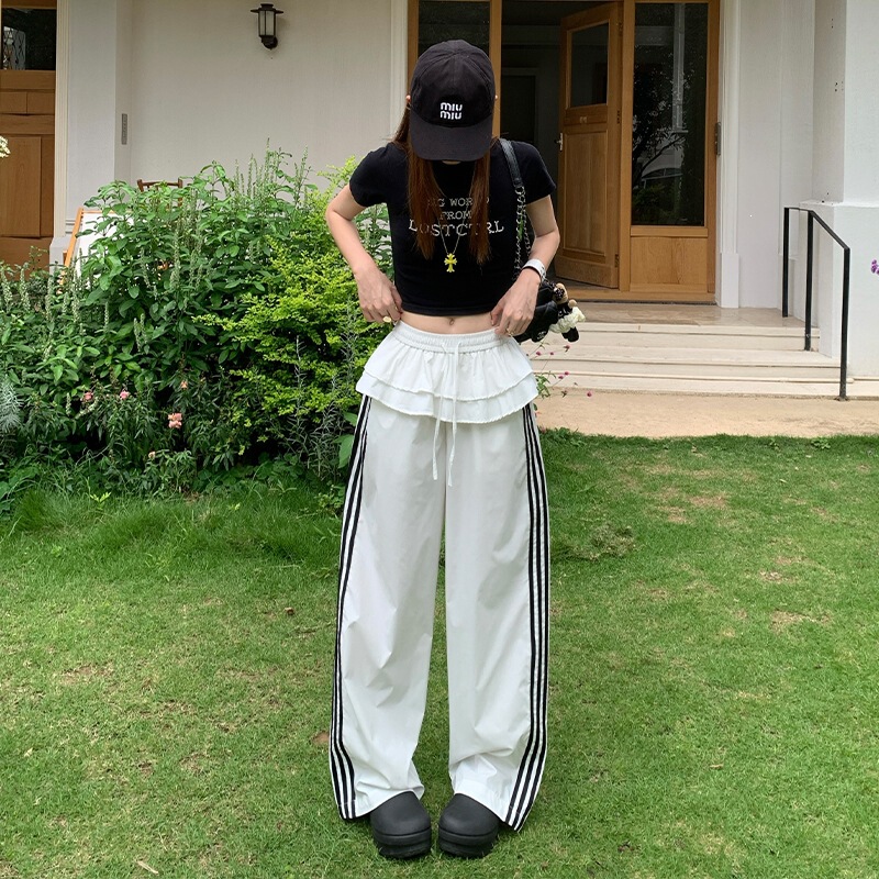Spring and Summer Cute and Playful｜Sporty Vibe｜Two-Piece Ruffled Wide-Leg Pants for Women with Drawstring Elastic Waist Casual Long Pants