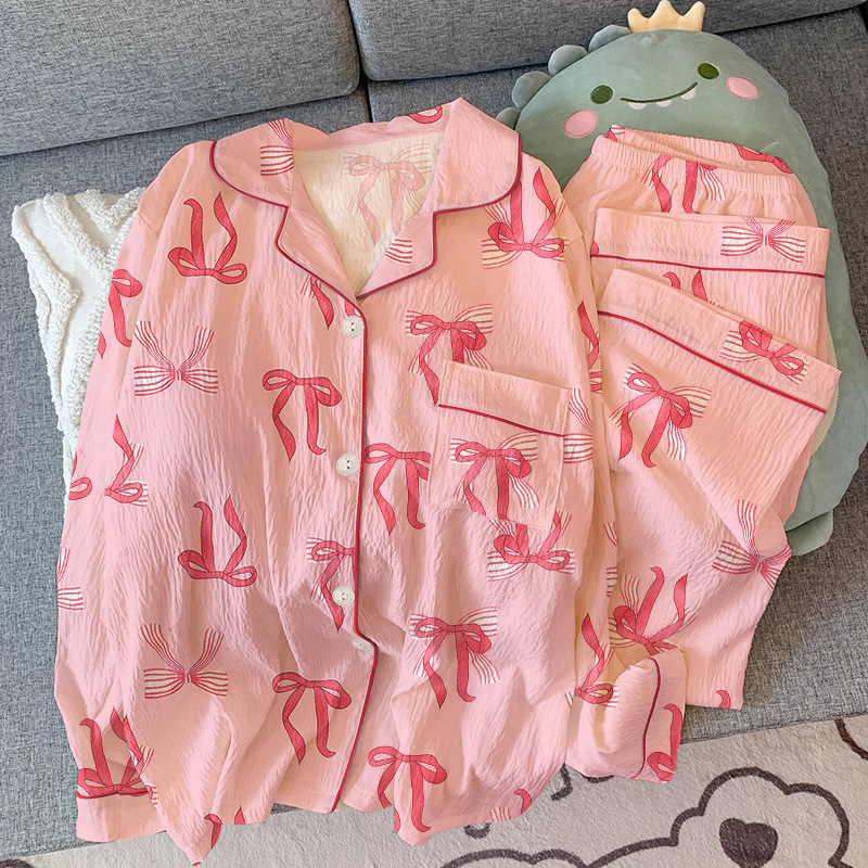 Light Luxury and Sweet Ins Style Wrinkled Cloth Bow Design Pajamas for Women Casual Home Wear Long-Sleeved Suit Wholesale Light Luxury and Sweet Ins Style Wrinkled Cloth Bow Design Pajamas for Women Casual Home Wear Long-Sleeved Suit Wholesale