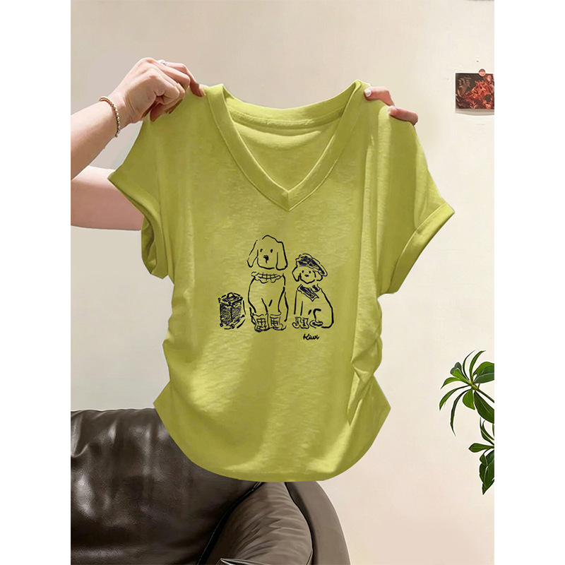V-Neck Pure Cotton Short-Sleeve T-Shirt for Women with Stylish Design, Versatile, Waist-Cinching, Slim-Fit, Flattering Top for Summer
