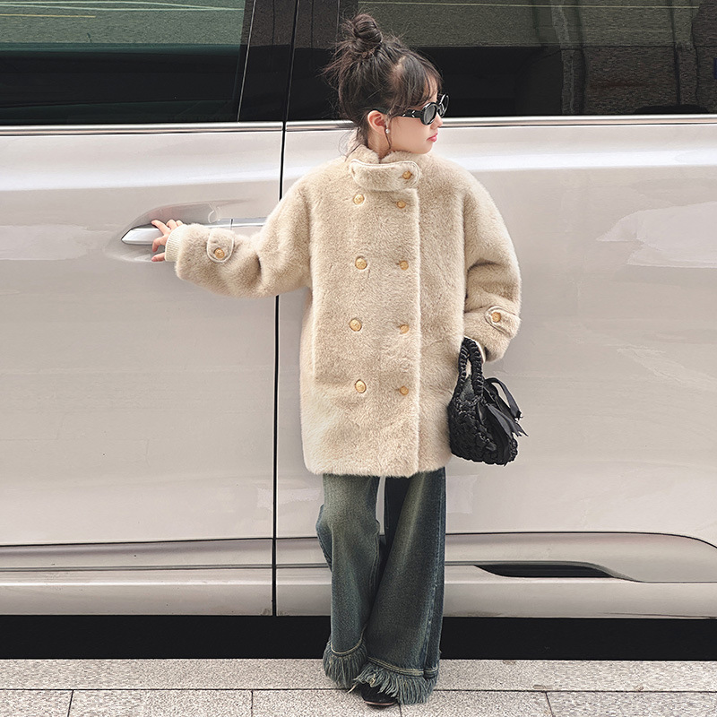 소녀의 모조 모피 잔디 토끼 밍크 양털 코트 가을과 겨울 소녀의 세련된 따뜻한 모피 하나의 긴 한국 스타일 코트