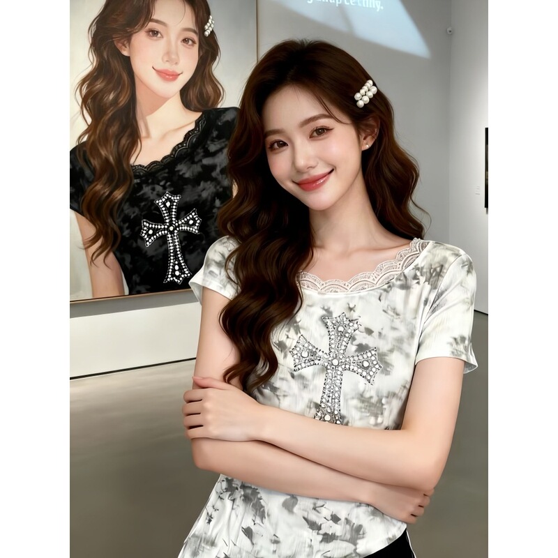 Korean-Style Pure Desire Style Short-Sleeved Shirt for Women, Super Nice-Looking, Waist-Cinching, Slimming, and Elegant, Stunning Lace Patchwork Top for Hot Girls Korean-Style Pure Desire Style Short-Sleeved Shirt for Women, Super Nice-Looking, Waist-Cinching, Slimming, and Elegant, Stunning Lace Patchwork Top for Hot Girls
