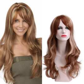 假发wigs  欧美跨境时尚长卷发化纤头套棕色挑染卷发大卷假发头套