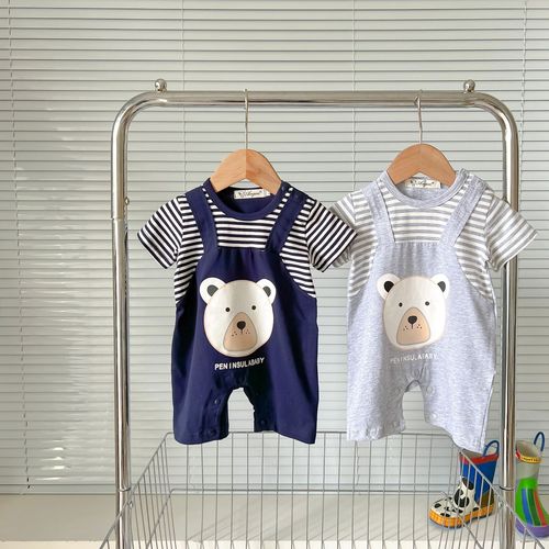 Ins Korean Version  Spring and Summer Male Infant and Toddler Climbing Suit with Pajama Style Top and Bottom, Bear Head Cartoon Climbing Suit