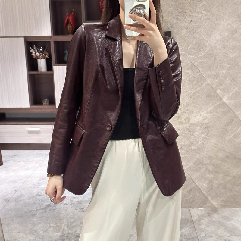 Angola Red Street Style Oil Wax Genuine Sheepskin Leather Suit Jacket, New Slim Fit Leather Coat for Spring and Autumn, Stylish