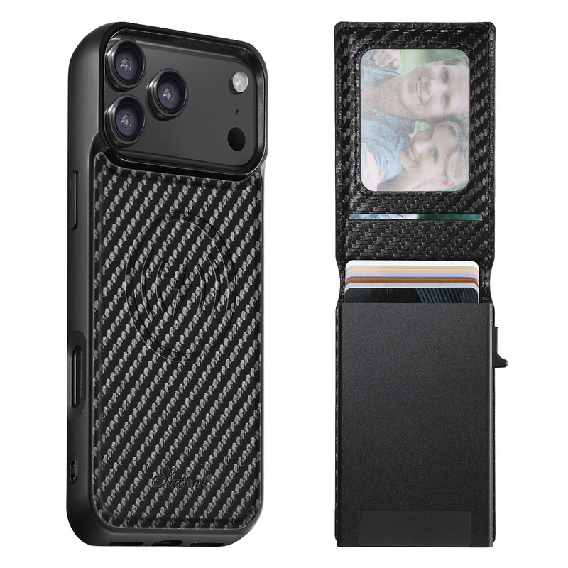 European and American Carbon Fiber Iphone17Pro Max Mobile Phone Case Button Automatically Pops up Card Box Card 13P/15P