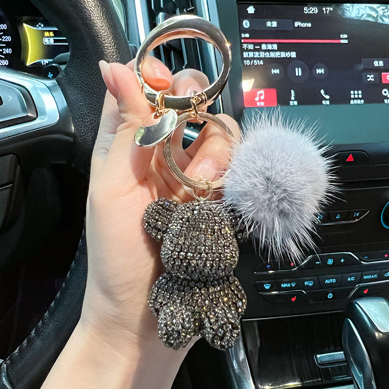 Nuevos productos de moda lindos viento gran botón redondo visón completo diamante osos llavero creativo pareja llavero colgante regalo